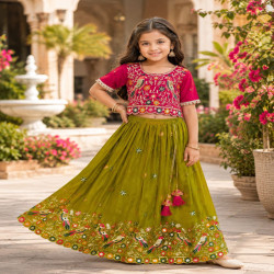 Girls Embroidered Chinon Lehenga Choli with Dupatta